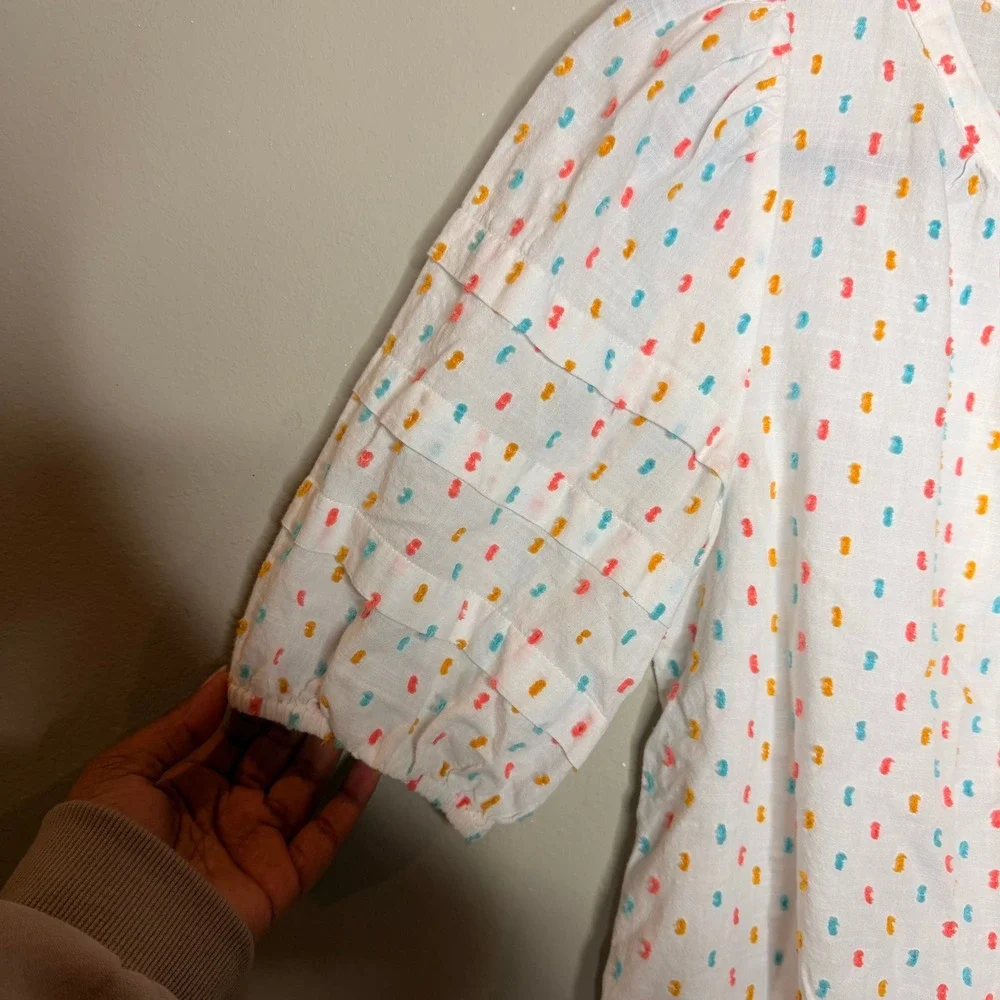 LOFT Clipped Dot Blouse Women Small White Multi Puff Sleeve Cotton Top